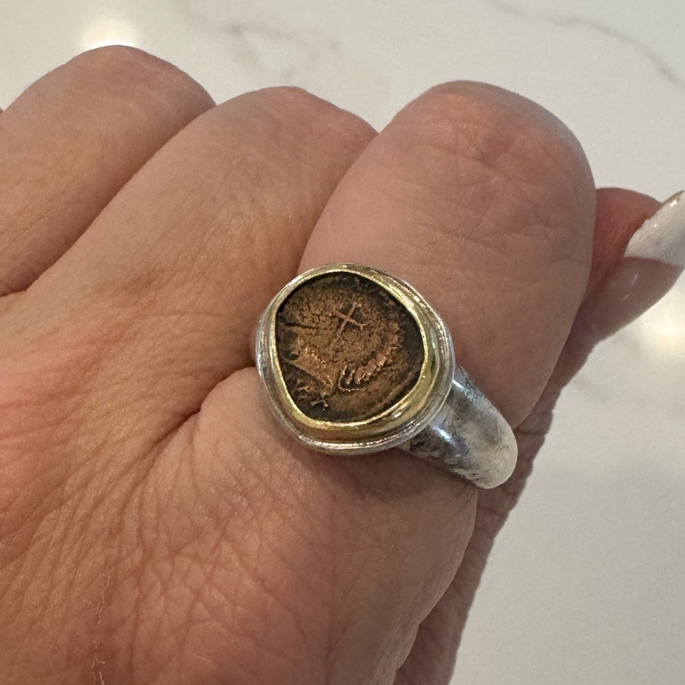 Ancient Authentic Silver, 18K Gold, and Bronze Coin Ring Sz 7